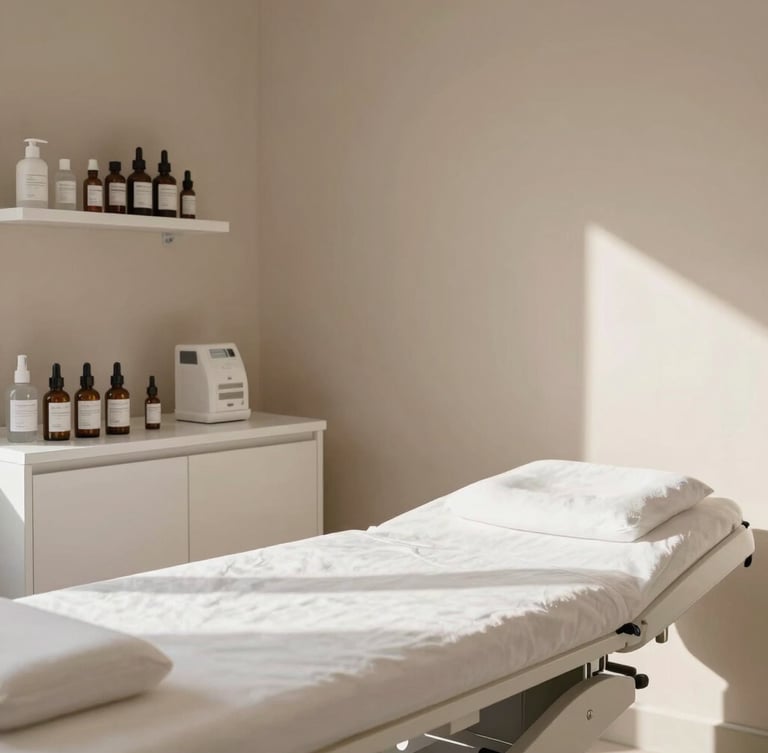 A bright, hyper-clean medical aesthetics treatment room with soft warm-taupe walls, a pristine clinical table, minimalist shelving with medical-grade serums, bathed in soft natural daylight.