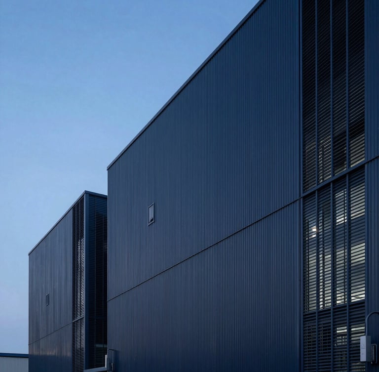 Crisp architectural photography of a modern industrial facility under cool blue hour lighting, sharp focus, clean lines, negative space on the left