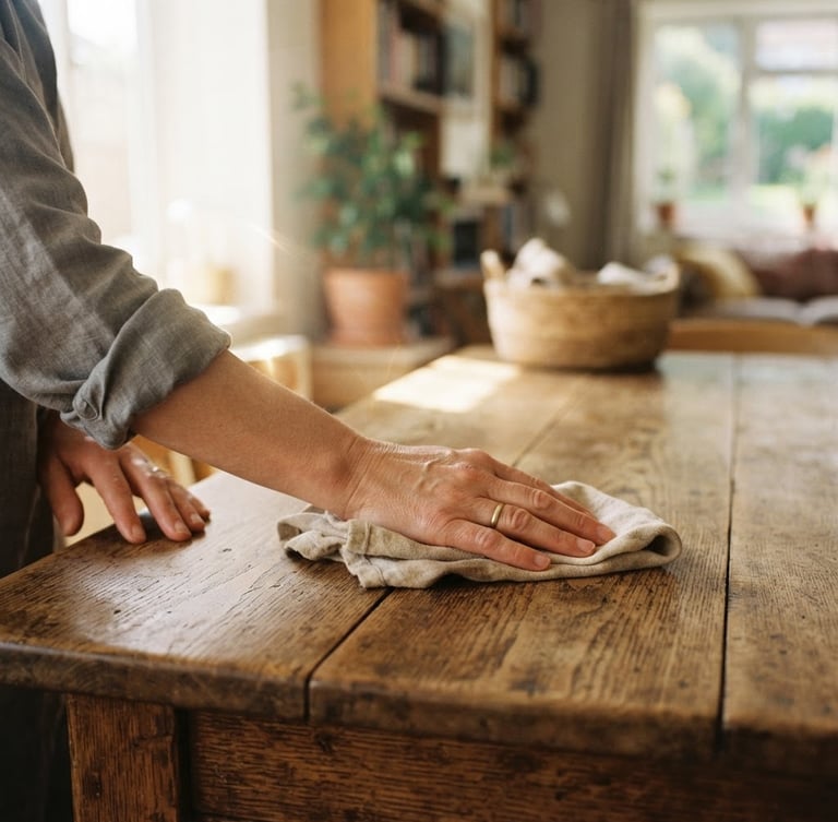 Close-up of hands carefully cleaning a wooden table with a soft cloth, warm natural daylight, gentle sun flares, cozy domestic interior, 35mm film aesthetic, focus on the hands.