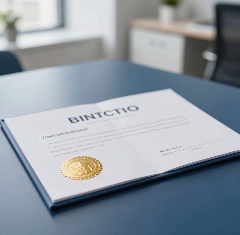 Close-up of a high-quality international professional certificate resting on a clean dark blue desk, soft daylight highlighting the embossed gold seal, modern office background, editorial corporate photography style.