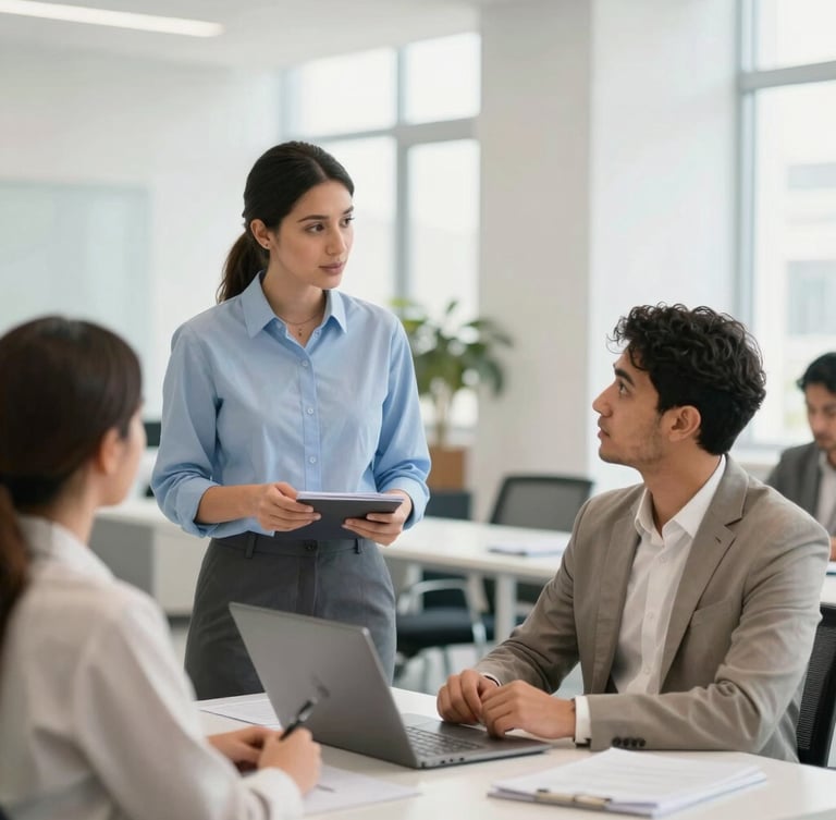 Editorial corporate photography of a modern professional training center in Riyadh, bright natural daylight, a professional advisor discussing course details with an ambitious learner, soft blue and neutral tones, shallow depth of field