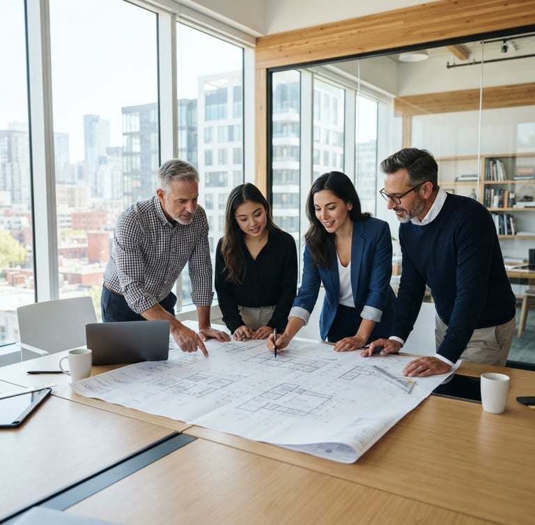 Engineering team collaborating over architectural blueprints, bright natural daylight, crisp white and deep blue tones, sharp focus, architectural framing, wide shot, off-center subject