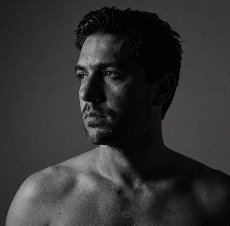 Black and white portrait of director Daniel Sanabria, dramatic low-key lighting, deep shadows, raw skin texture, 35mm anamorphic lens, looking off-camera.