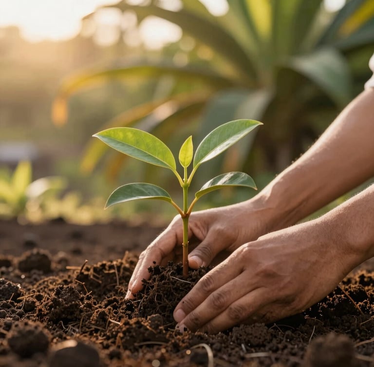 Close-up of hands planting a young tree sapling in rich volcanic soil, soft golden hour sunlight filtering through lush tropical leaves, warm earth tones