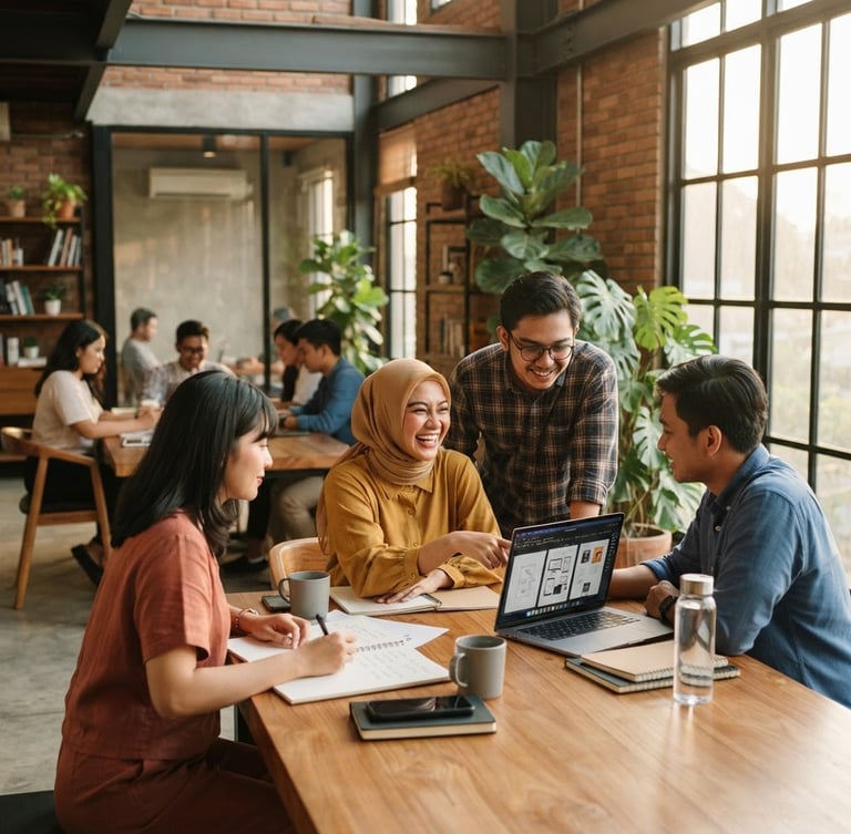 A modern collaborative workspace with Indonesian professionals in warm natural golden hour light, architectural elements, editorial composition