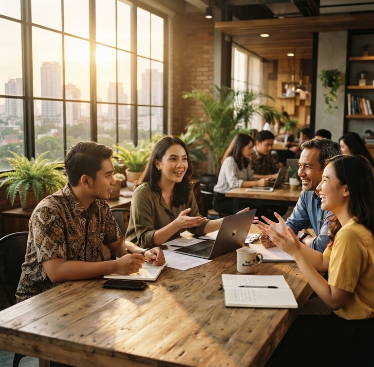 Warm editorial photography of a collaborative modern workspace in Jakarta, soft golden-hour sunlight streaming through high windows, professional Indonesian team discussing around a wooden table, 35mm