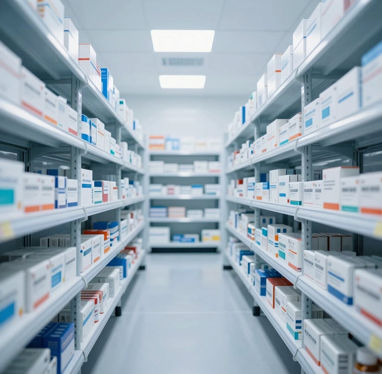 A bright, sterile pharmaceutical warehouse interior with organized high shelves of medicine boxes, cool blue clinical lighting, sharp focus, 35mm lens.