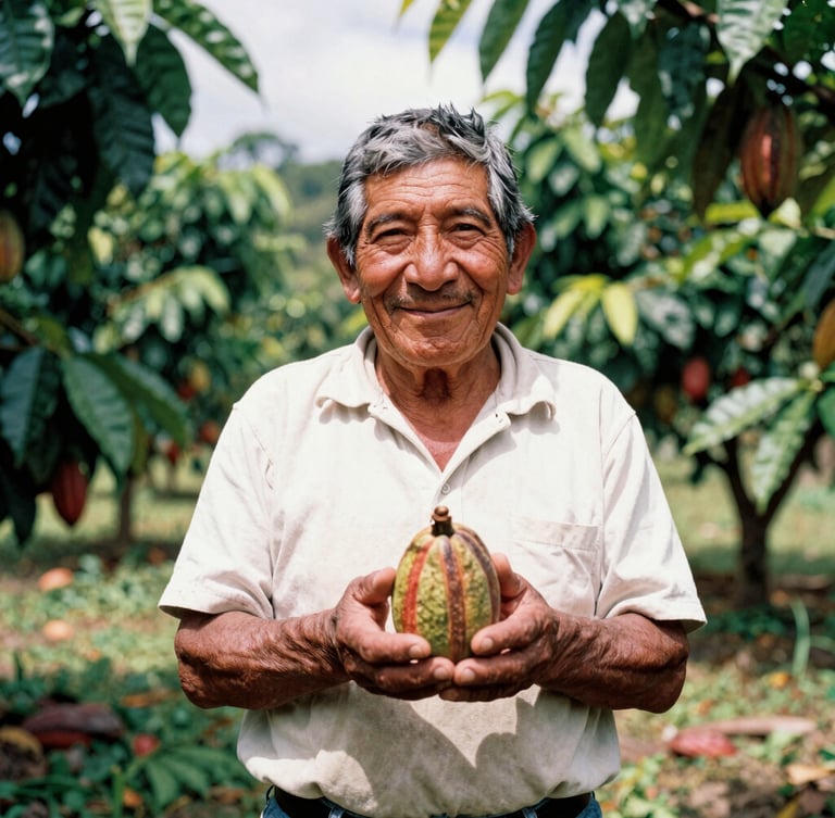 A warm portrait of an elderly Ecuadorian farmer smiling in a sun-drenched cacao plantation in Arenillas, holding a fresh pod, bright equatorial sunlight, 35mm film style.