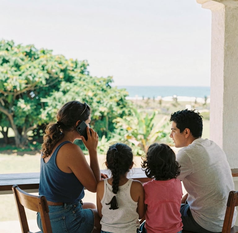 Warm editorial photography of a local family in Arenillas sharing a phone call on a sunlit veranda, lush green coastal foliage in the background, candid moment, 35mm film style.
