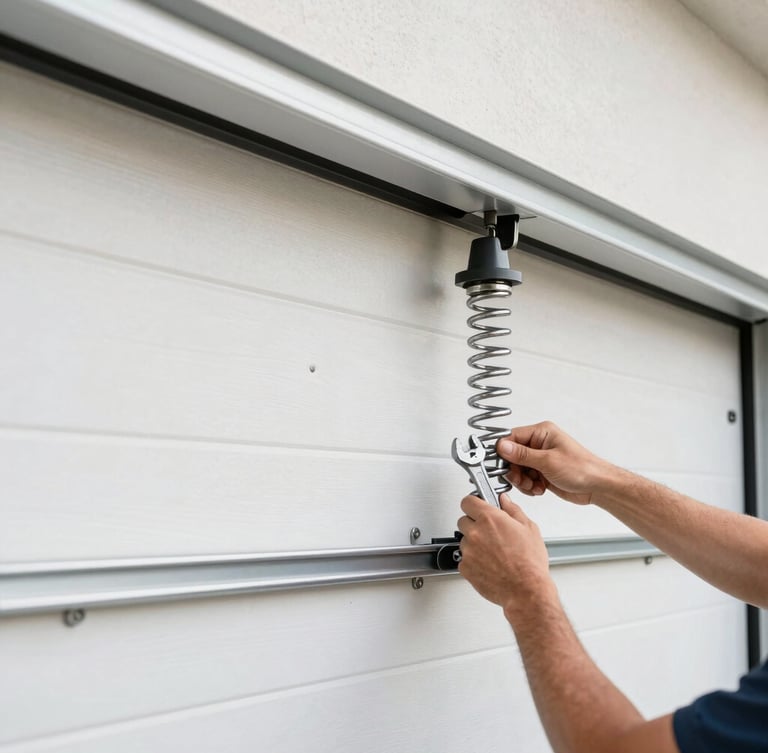 Close-up of clean heavy-duty garage door springs and steel tracks, bright natural lighting, professional technician hands adjusting with a wrench