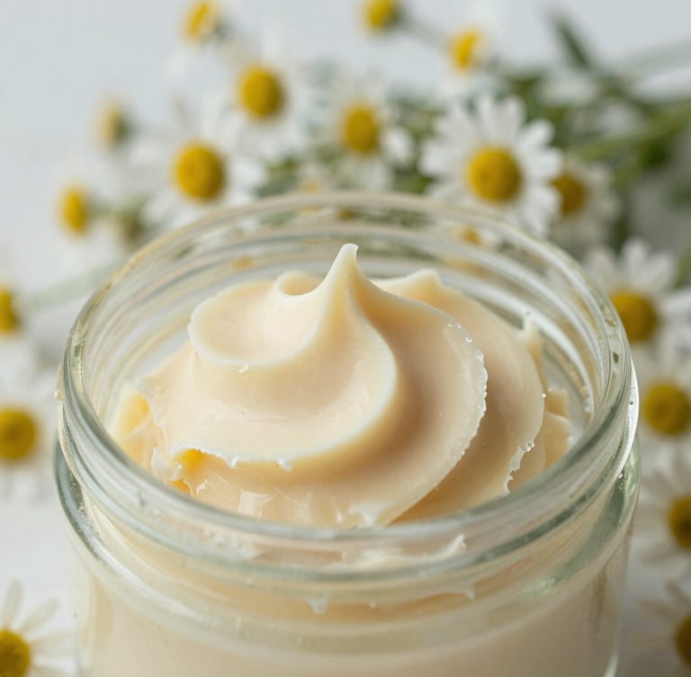 Close-up of whipped golden tallow texture in a clean glass jar, nestled in fresh chamomile flowers, soft diffused morning light, 35mm