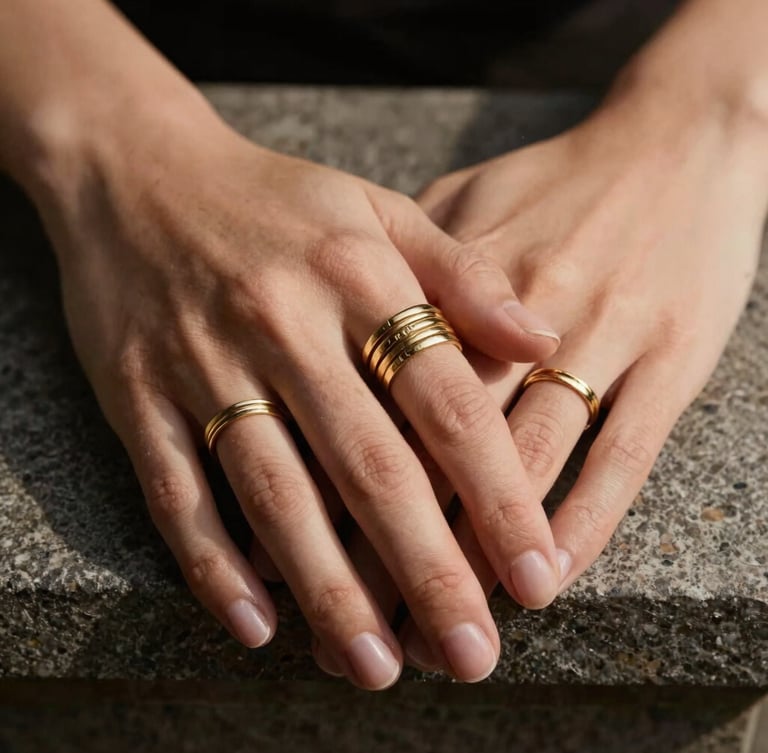 Cropped environmental shot of hands wearing multiple stacked 18k gold rings resting on a textured stone plinth, warm directional light