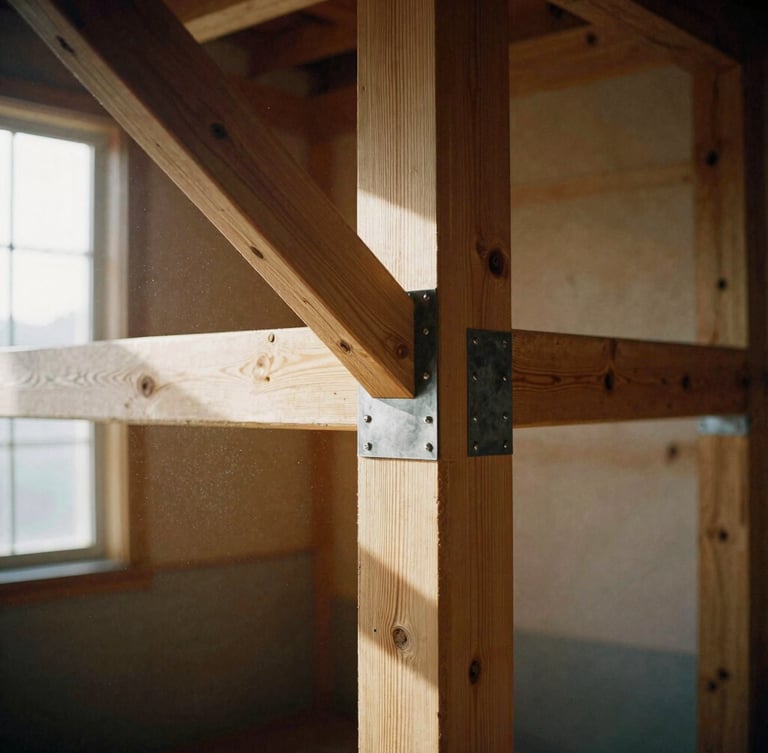 Exposed massive timber framing joined with traditional mortise and tenon joints, raw steel reinforcement plates, dramatic side-lighting showing wood texture and dust motes, warm editorial photography, 35mm film grain.