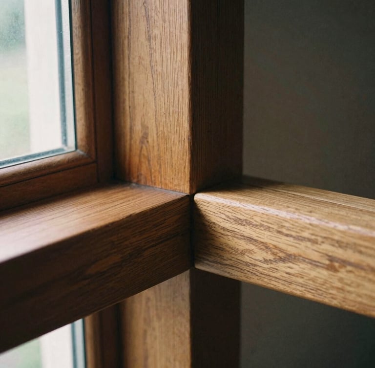 Tight macro shot of hand-chiseled timber joinery with traditional mortise and tenon joints, natural side window lighting highlighting wood grain and textures, warm editorial 35mm film style