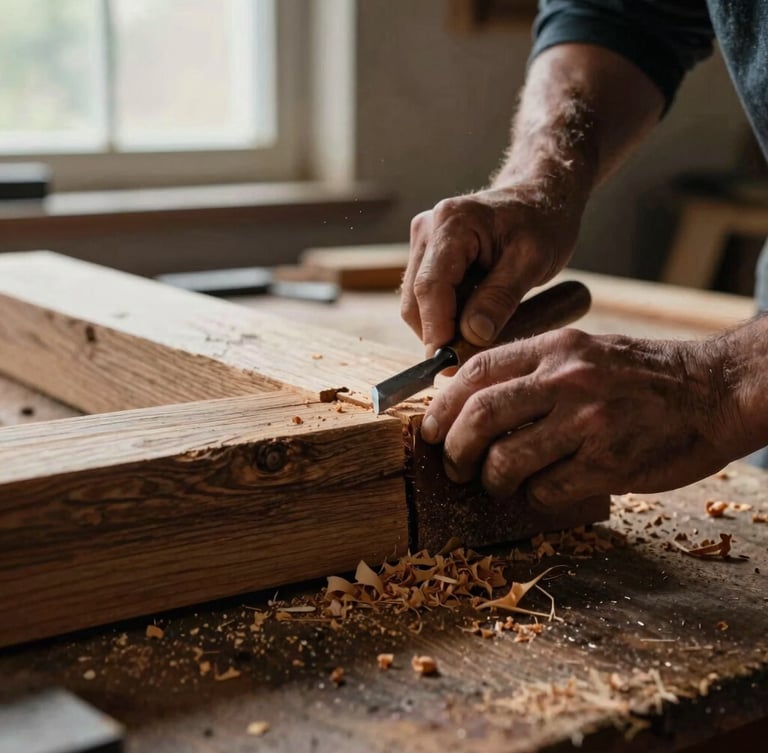 Tight macro shot of a master carpenter's hands carving a traditional mortise joint in a massive reclaimed oak timber, sharp chisels and wood shavings on a rustic workbench, low-key natural window lighting, 35mm film grain.