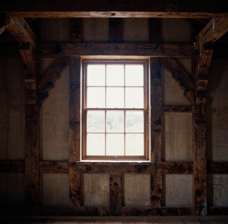 Symmetrical architectural shot of a historic timber frame exposed during restoration, natural window side-light, rich dark tones, 35mm film grain