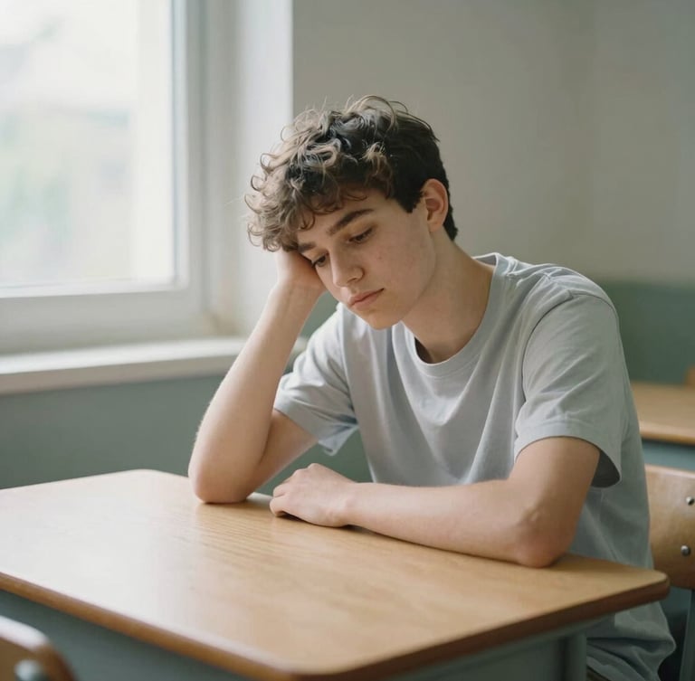 A teenager looking relieved while sitting at a clean wooden desk, soft natural window light, muted sage and slate tones, 35mm photography