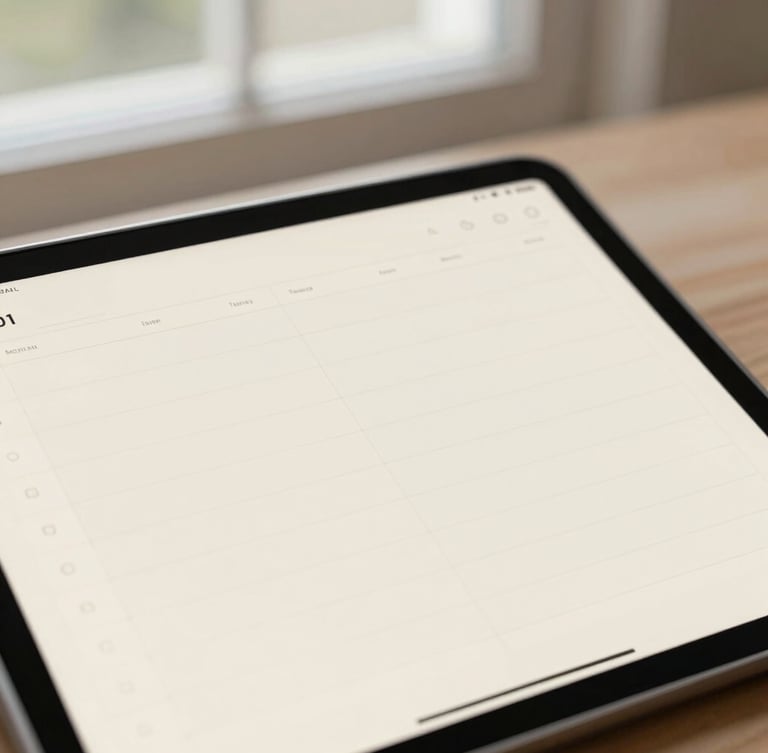 Close-up of a clean digital planner interface on a tablet, soft natural window light, muted sage and warm cream tones, shallow depth of field
