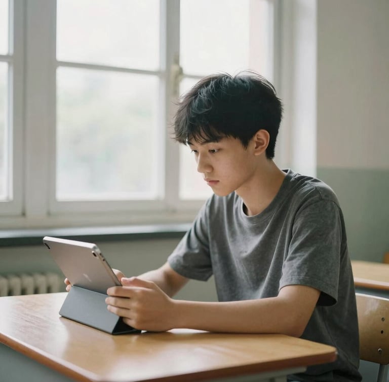 A teenage student sitting at a clean wooden desk, looking calmly at a tablet screen, soft natural window light, 35mm photography