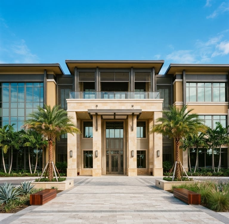 Symmetrical architectural photograph of a modern Florida professional building, bright natural daylight, clean structural lines, warm gold undertones, 35mm.