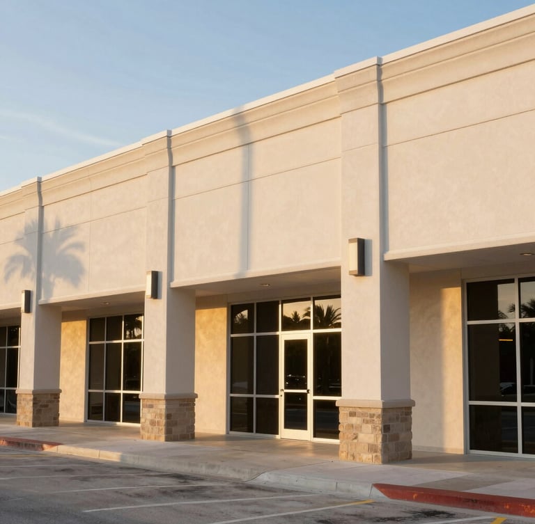 Wide environmental architectural shot of a well-maintained commercial facade in Florida, soft golden hour light, clean lines, 35mm.