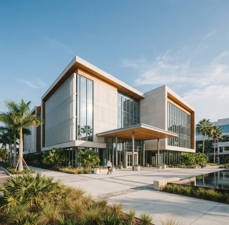Wide-angle architectural photograph of a modern Florida commercial building, clean structural lines, bright natural daylight, warm gold undertones, 35mm.