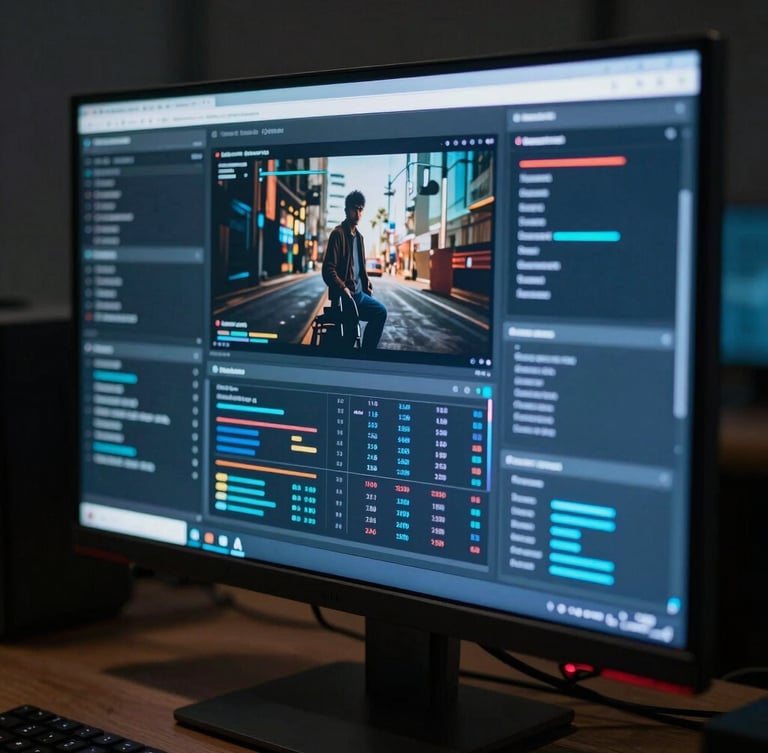 Cinematic close-up of a high-end computer monitor displaying complex ad campaign metrics, neon blue glowing interface, dark studio setting.