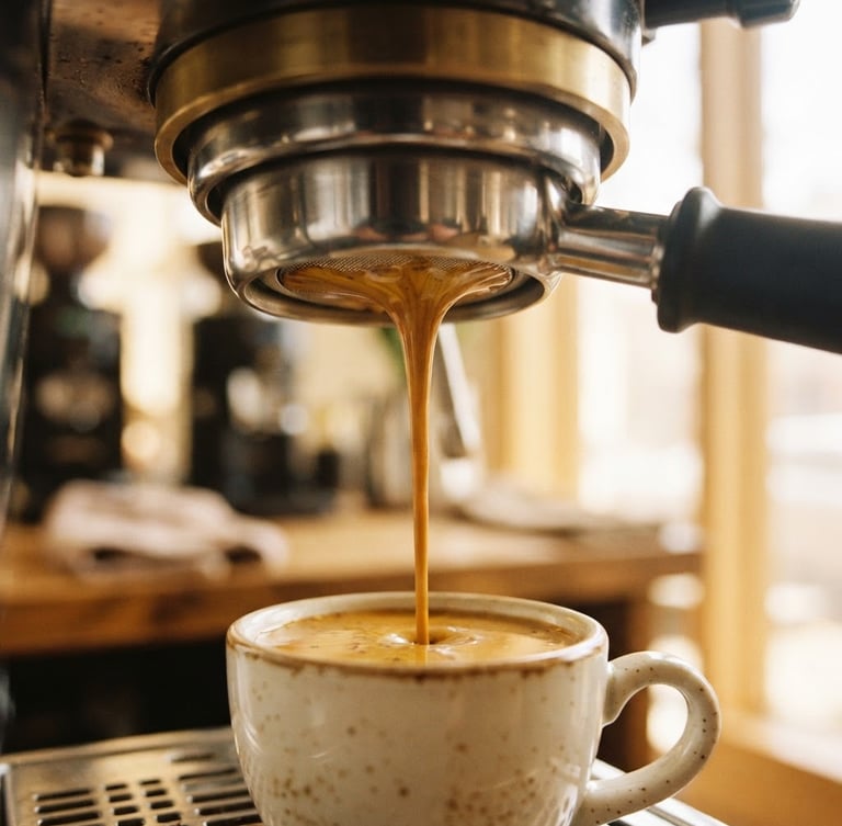 Close-up of espresso extraction from a bottomless portafilter, rich golden crema, warm morning window light, shallow depth of field, 35mm film
