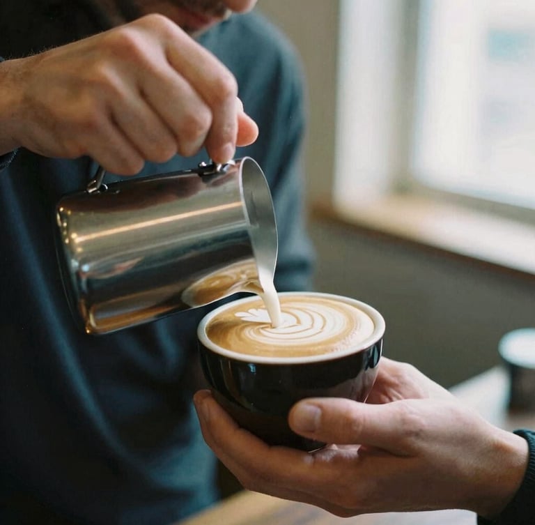 Intimate close-up of a barista's hands carefully pouring steamed milk into a dark ceramic cup creating perfect latte art, warm morning light, rich espresso tones, 35mm film.