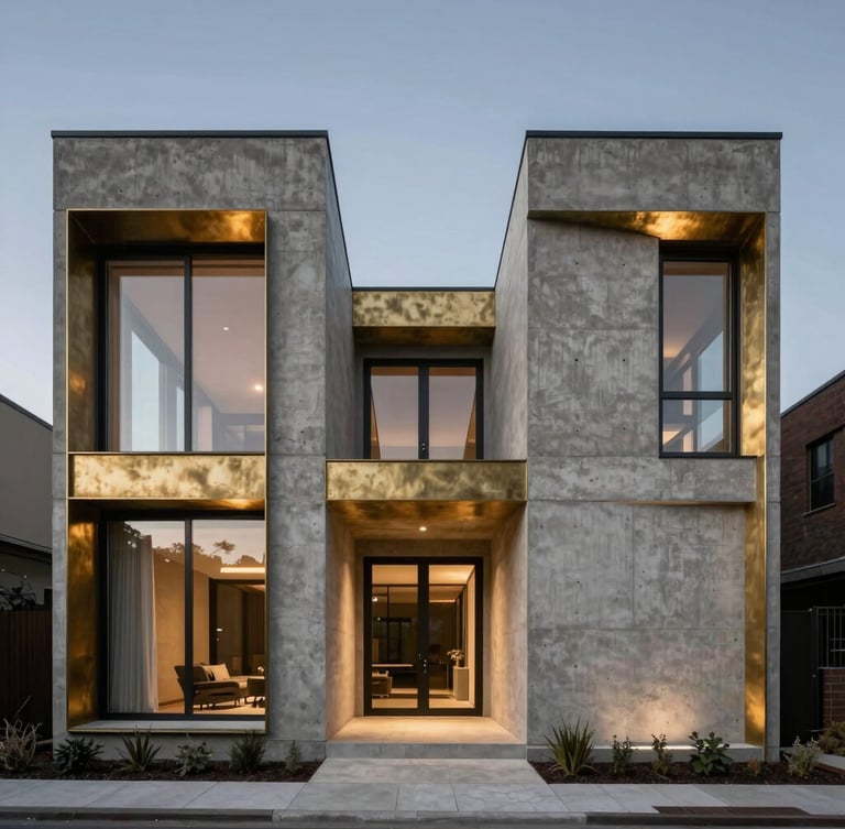 Symmetrical wide-angle architectural shot of a modern luxury concrete and steel residence, raw industrial textures with warm brass framing accents, dramatic twilight lighting, 35mm focus