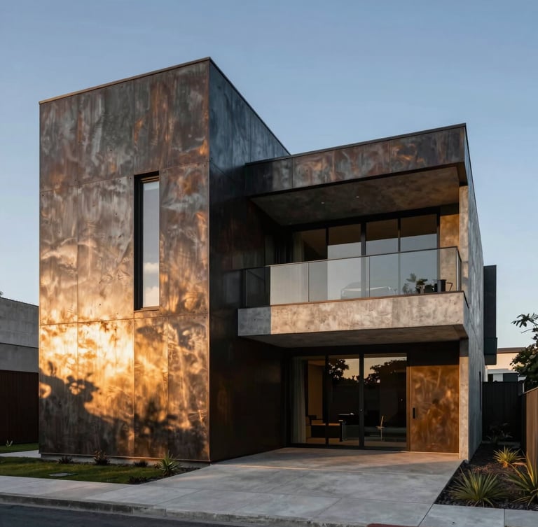 Symmetrical wide-angle architectural shot of a modern luxury concrete and steel villa, dramatic sunset lighting reflecting on raw metal facades.