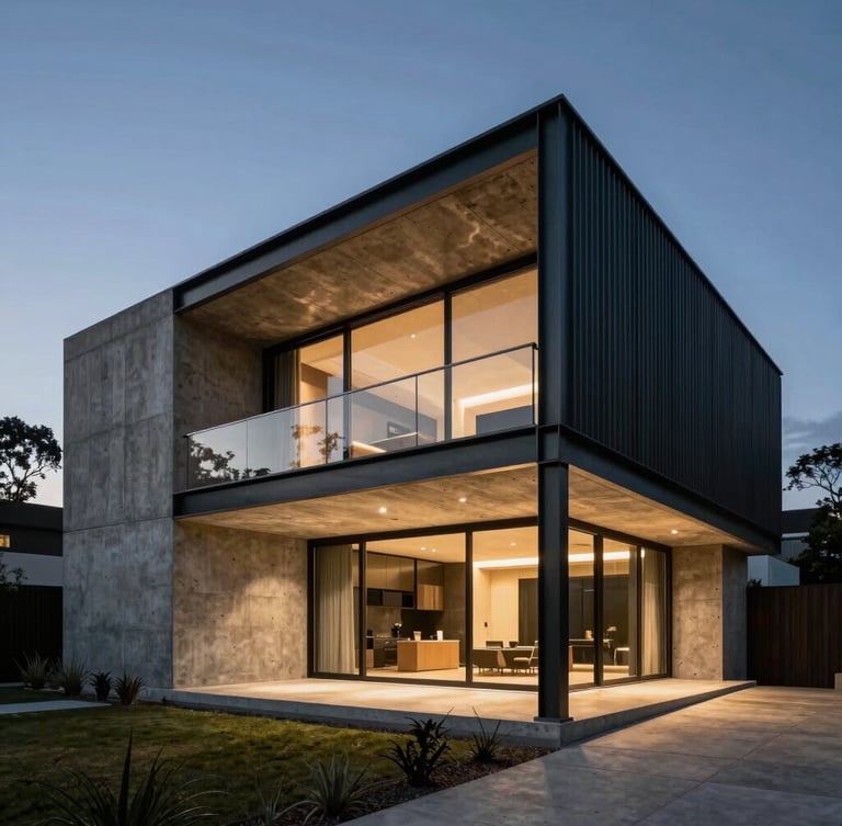 Dramatic high-contrast architectural photography of a premium luxury concrete and steel house at dusk, sharp focus, 35mm