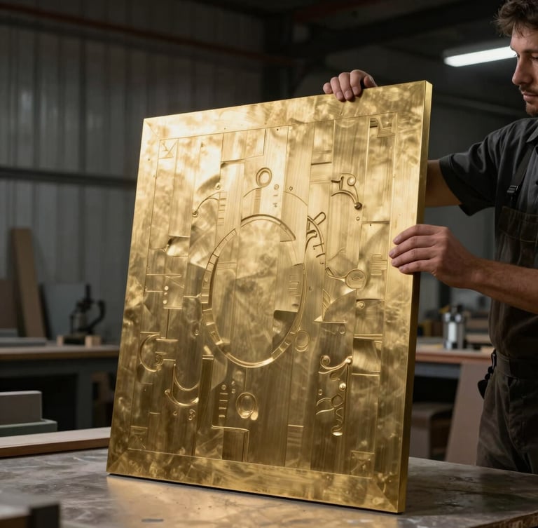 A craftsman in a clean industrial workshop carefully inspecting a finished brass-inlaid timber panel, dramatic low-key lighting, raw steel background.