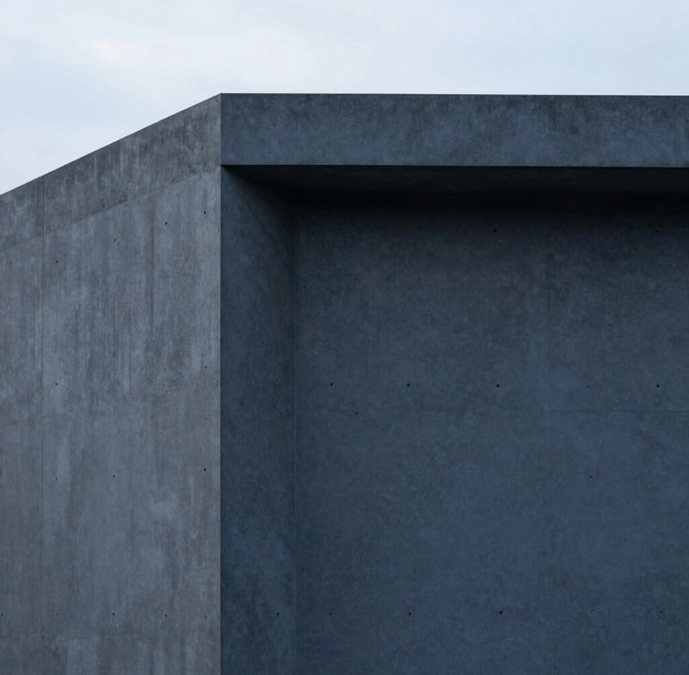 Minimalist concrete architectural detail with clean lines and soft shadows, overcast daylight, deep slate tones, sharp focus, 35mm