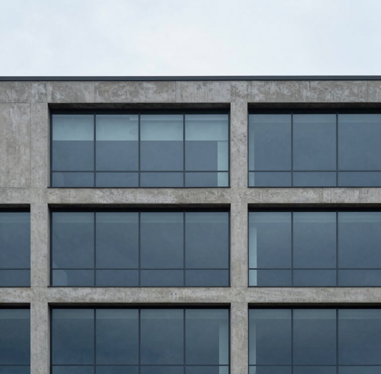 Minimalist architectural photography of a modern concrete and glass building facade, soft overcast daylight, cool slate and deep blue tones, sharp focus, 35mm