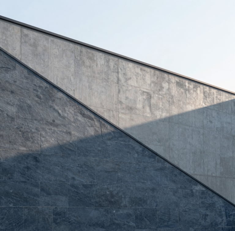 Minimalist concrete architectural facade with clean diagonal lines, soft overcast daylight casting subtle shadows on slate grey surfaces, sharp focus, 35mm