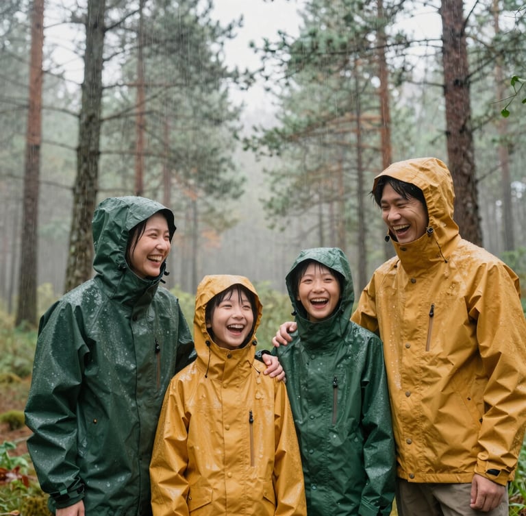 Bright outdoor editorial photography of a family laughing under light rain in a misty pine forest, wearing green and amber rain jackets, soft overcast daylight, natural forest and amber tones, crisp details, 35mm lens.