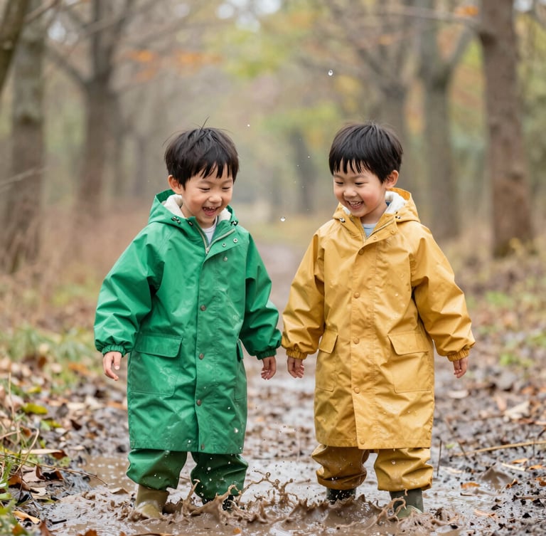 Candid medium portrait of two young children in bright green and amber raincoats splashing in a muddy forest puddle, laughing, soft overcast daylight, water droplets frozen in mid-air