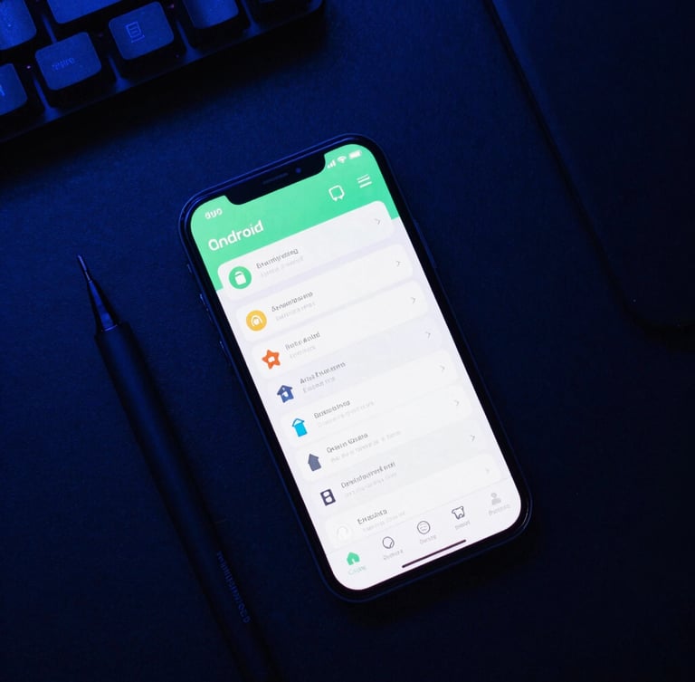 Overhead flat-lay of a developer workspace with ambient neon-blue lighting, featuring a modern Android phone displaying a clean, responsive user interface