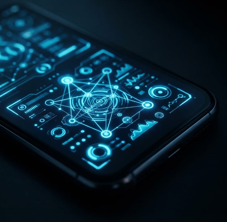 Tight macro shot of a sleek Android device screen emitting a vibrant neon-blue UI glow, showcasing clean geometric micro-interactions, dark ambient background, 35mm lens