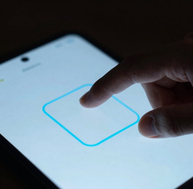 Macro close-up of a developer's hand tapping a high-fidelity Android screen, displaying a minimal user interface with vibrant neon-blue accent lines, low-key ambient lighting.