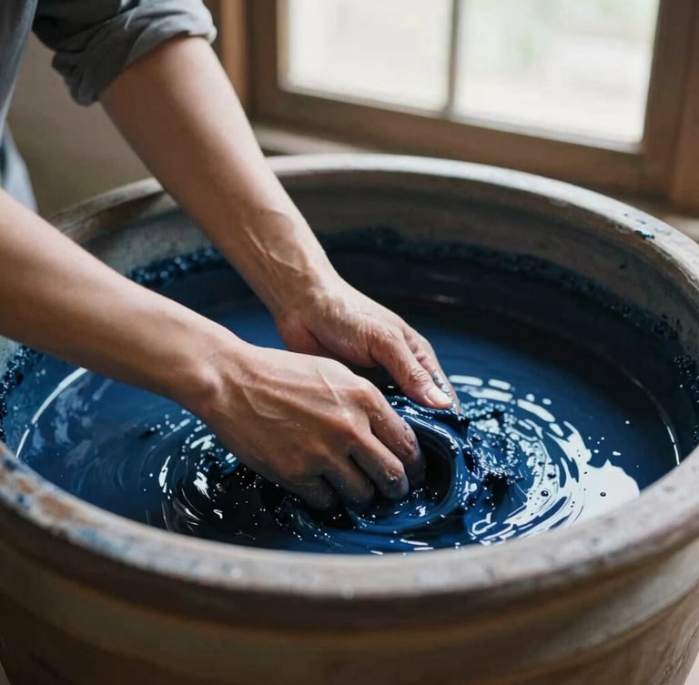 Close-up of a large ceramic vat filled with deep indigo plant dye, hands gently stirring the liquid, soft morning window light, organic textures, editorial fashion photography style.