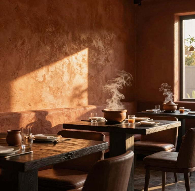 Warm golden-hour interior of an elegant contemporary African restaurant, rich terracotta plaster walls, dark charcoal wooden tables, dramatic single-source side lighting casting deep shadows, steam rising from clay pots in the background, highly sophisticated editorial feel.