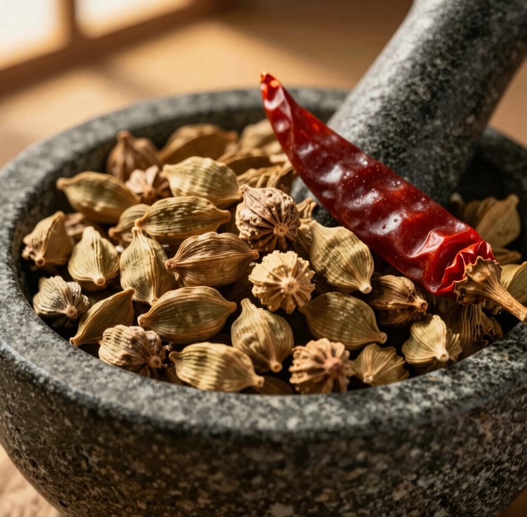 Close-up of textured whole spices, cardamom pods, and dried chilies in a dark stone mortar, warm golden-hour window light, dramatic shadows