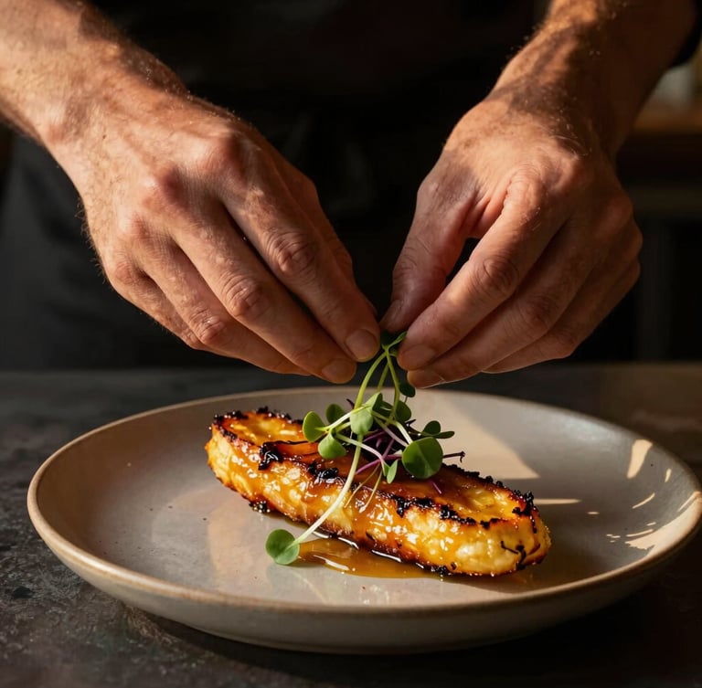 Hands of a chef carefully placing a microgreen garnish onto a beautifully plated, caramelized plantain dish, dramatic side-lighting with deep charcoal shadows, fine-dining presentation.