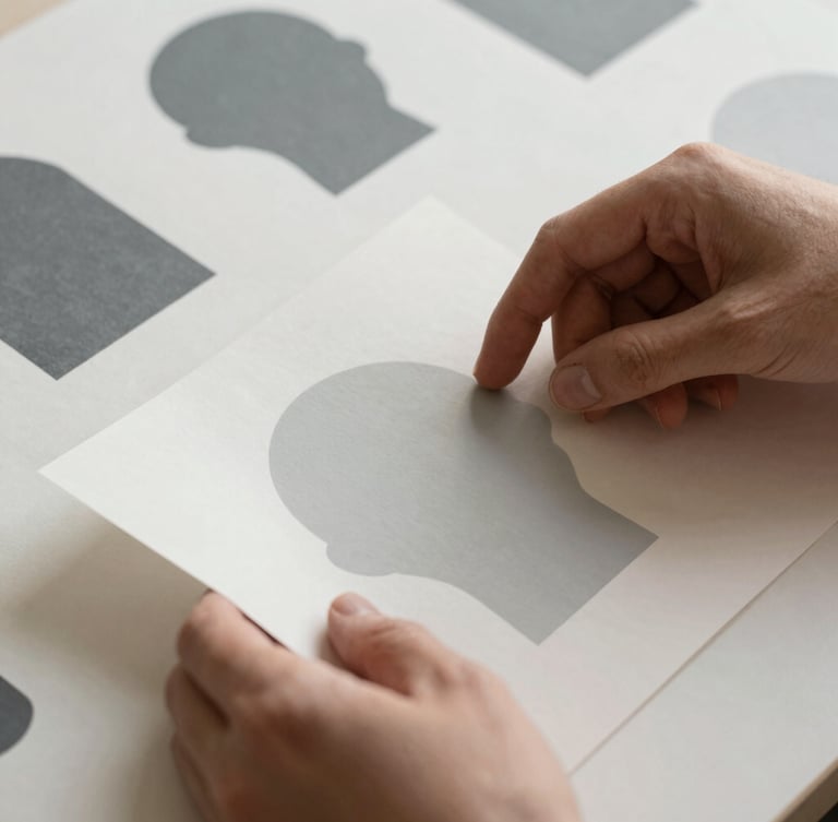 Close-up portrait shot of hands examining physical prototypes of a brand identity on heavy paper stock, soft natural north-facing daylight, shallow depth of field, muted charcoal and alabaster tones.