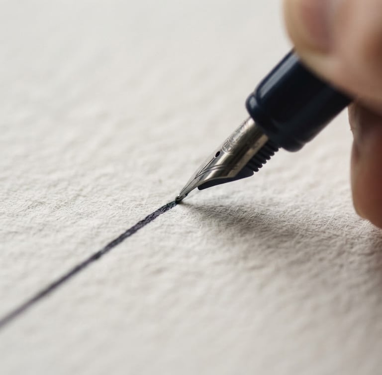 Macro close-up of ink on heavy, textured paper stock, with a sharp, clean line being drawn, soft natural north-facing daylight, shallow depth of field.