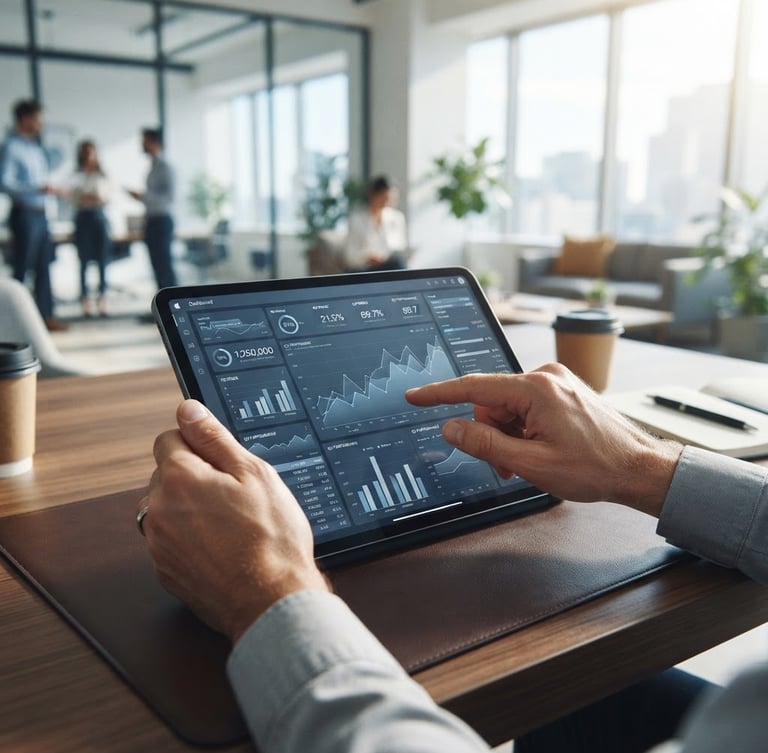 Modern, sunlit corporate workspace, close-up of hands analyzing a clean digital financial dashboard on a tablet, cool blue and slate tones, sharp focus, professional corporate setting, 35mm