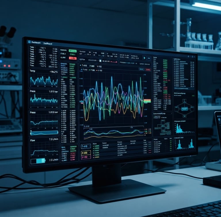 Sleek technical photography of a high-fidelity dark-mode laboratory dashboard interface displaying active telemetry lines and monospace data readouts on a monitor, cool sterile laboratory lighting, deep blues and neon accents, 35mm
