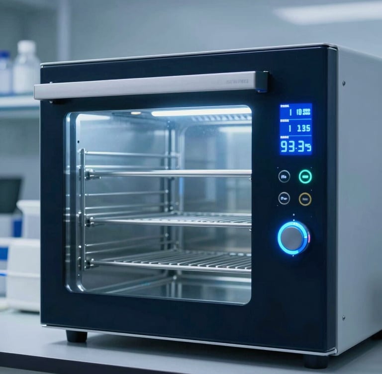 Sleek technical photography of a modern laboratory incubator with a crisp neon-accented digital interface overlay, cool sterile lighting, deep blues, sharp focus.